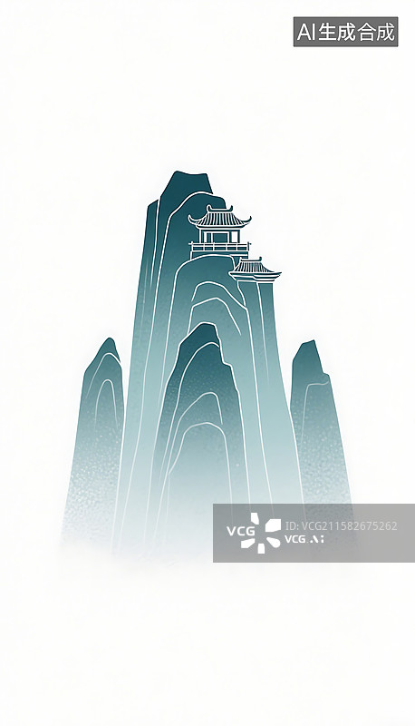 【AI数字艺术】石山和古建筑国潮风格插画图片素材