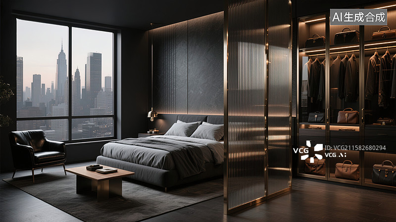 【AI数字艺术】都市夜景下的奢华卧室图片素材