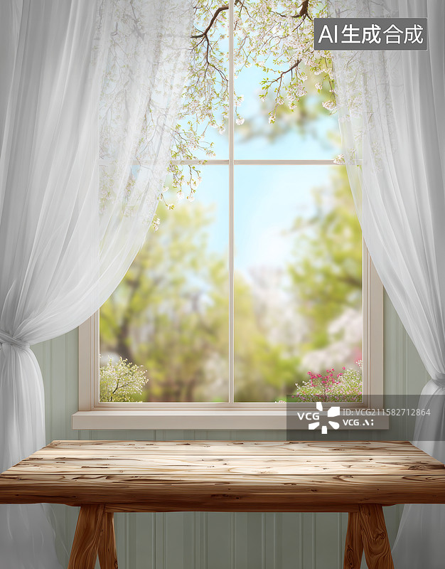【AI数字艺术】带白色窗帘和户外绿意的窗户图片素材