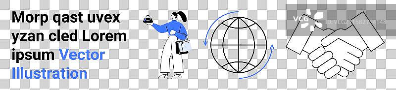 女性展示一个想法，旁边有地球图标图片素材