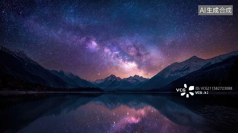 【AI数字艺术】星河映湖，雪山静谧夜景图片素材