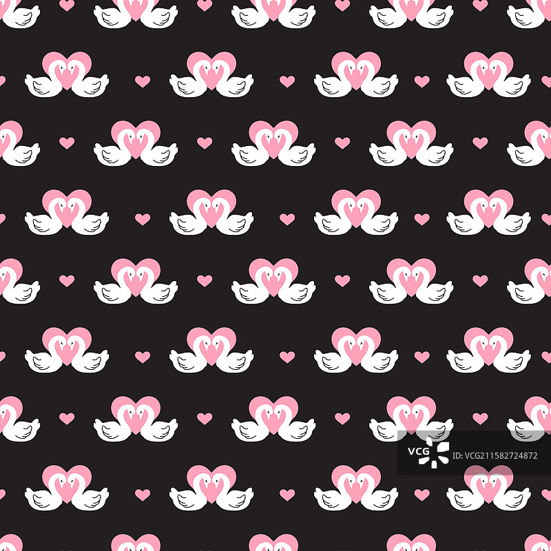 浪漫天鹅爱情无缝图案与粉色心形图片素材