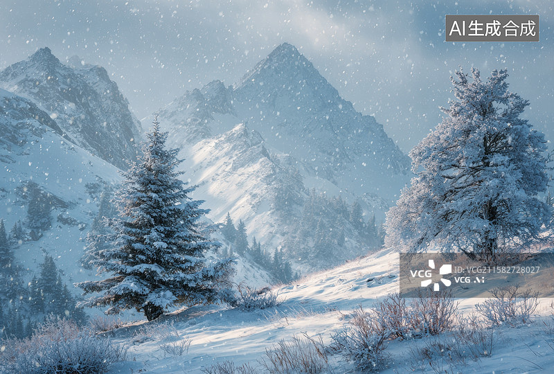【AI数字艺术】雪山松林图片素材