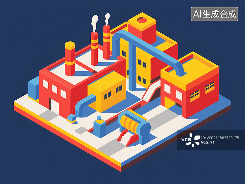 【AI数字艺术】俯视视角的鲜亮颜色扁平化工厂模型插画图片素材