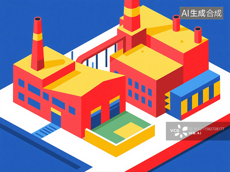 【AI数字艺术】俯视视角的鲜亮颜色扁平化工厂模型插画图片素材