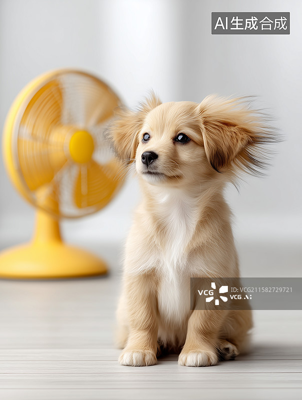 【AI数字艺术】夏天小狗吹电风扇降温图片素材
