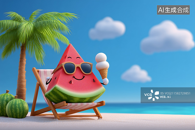 【AI数字艺术】一个卡通西瓜片在海边的沙滩椅上吃冰淇淋图片素材
