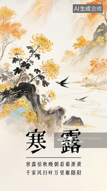 【AI数字艺术】寒露24节气海报模板新国风古风金箔岩彩水墨淡彩鎏金晕染背景 菊花盛开山谷岩石头小溪河流水面大雁南飞图片素材