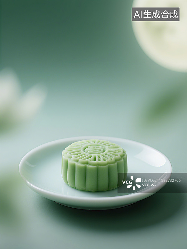 【AI数字艺术】一块精致的冰皮月饼放在白色盘子上，背景是柔和模糊的月亮图片素材