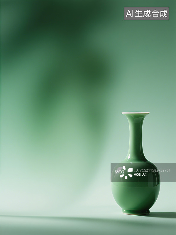 【AI数字艺术】绿色陶瓷花瓶置于柔和渐变背景前，展现出简约优雅之美图片素材