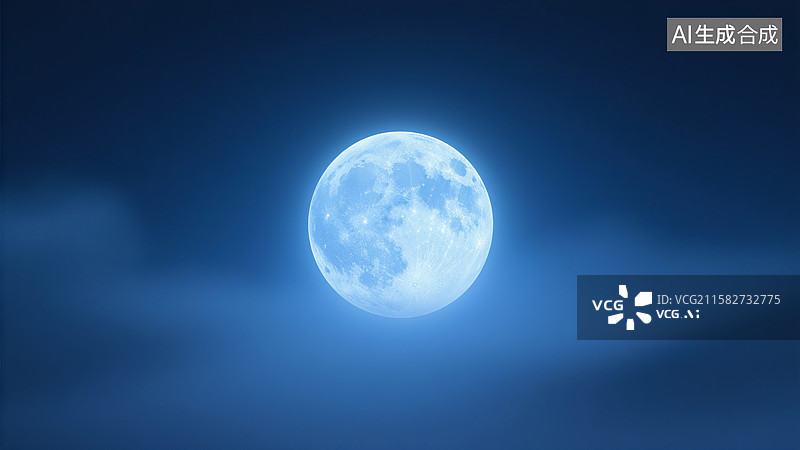 【AI数字艺术】明亮的满月悬挂在深蓝色夜空中，周围有柔和的光晕图片素材