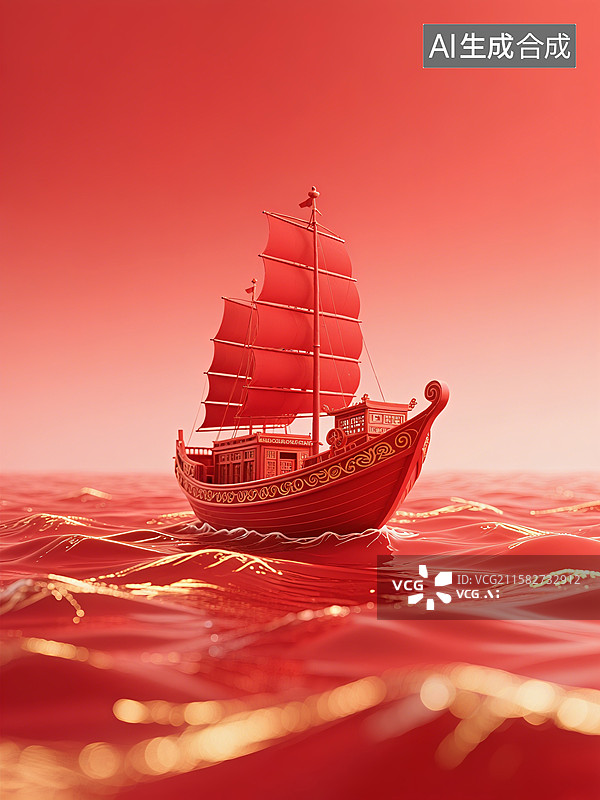 【AI数字艺术】红色帆船在红色海洋中航行，海面波光粼粼，天空与海面融为一体，一帆风顺图片素材