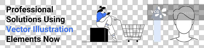 女性在购物车旁用智能手机在线购物图片素材