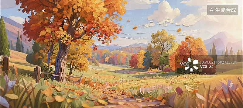 【AI数字艺术】印象派油画笔触风格3D三维立体场景动图动画希区柯克推进运镜 秋天刮风落叶公园草地小路蓝天白云阳光树林图片素材