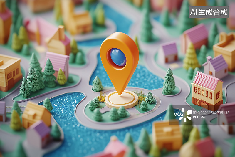 【AI数字艺术】城市中一个地图定位标志图片素材