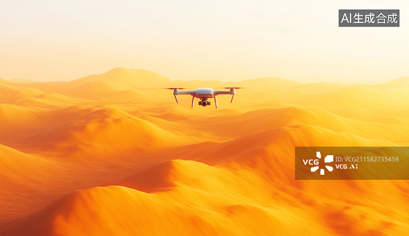 【AI数字艺术】金色的沙漠上一架无人机图片素材