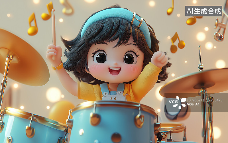 【AI数字艺术】一个可爱的女生正在打架子鼓图片素材