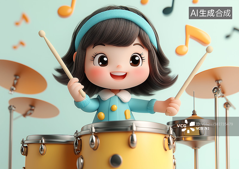 【AI数字艺术】一个可爱的女生正在打架子鼓图片素材
