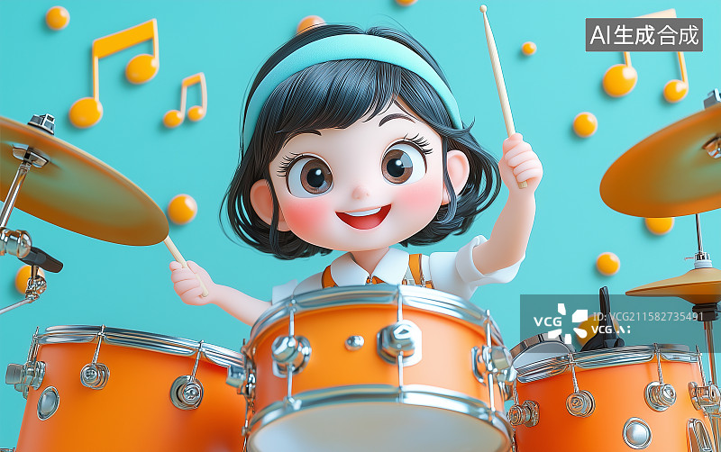 【AI数字艺术】一个可爱的女生正在打架子鼓图片素材