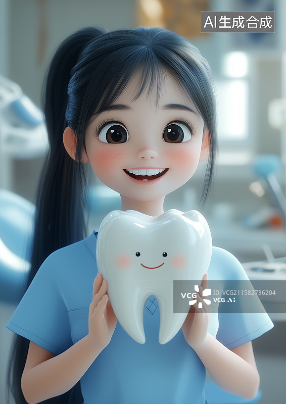 【AI数字艺术】一个小女孩手里拿着一颗牙齿模型图片素材