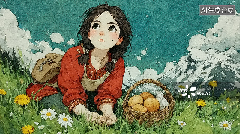 【AI数字艺术】山间少女与鸡蛋篮图片素材