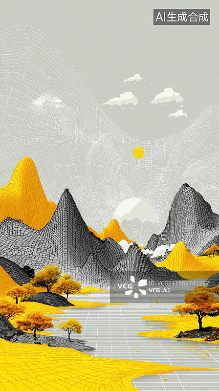 【AI数字艺术】黄黑山水画，秋树映衬山峰图片素材