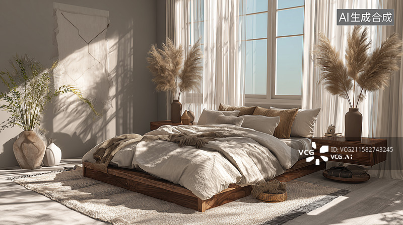 【AI数字艺术】北欧日式融合卧室图片素材