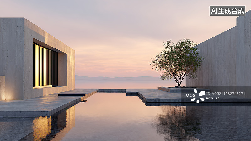 【AI数字艺术】禅意海景现代庭院图片素材