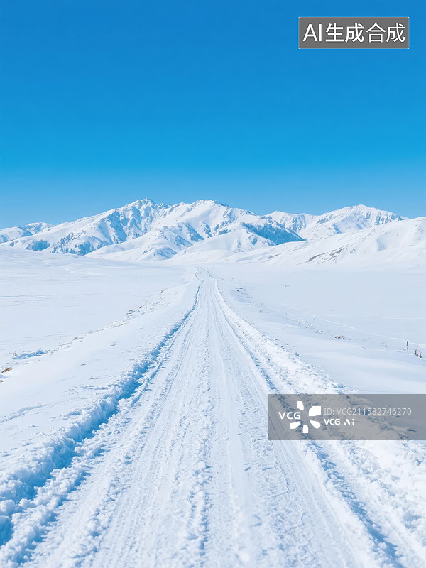 【AI数字艺术】雪地车辙延伸至雪山图片素材
