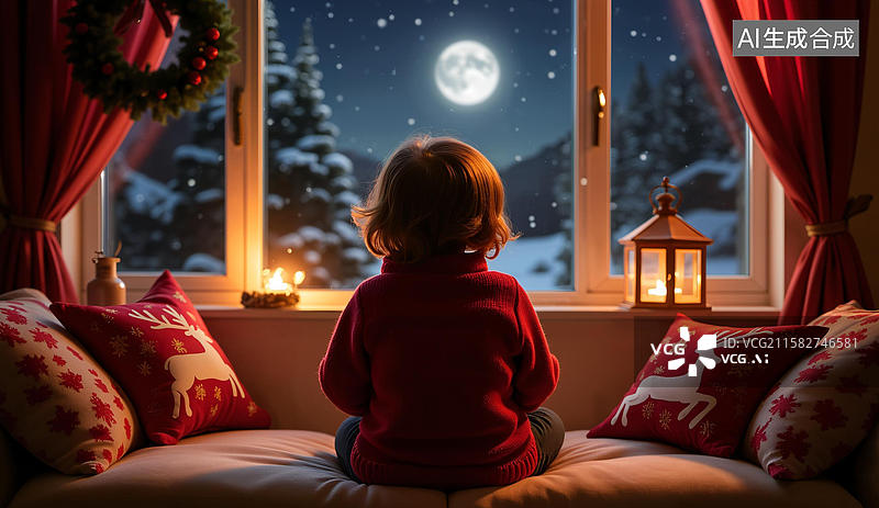 【AI数字艺术】窗前望月的孩子图片素材