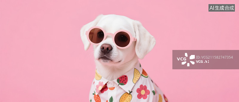 【AI数字艺术】戴粉色墨镜的小狗穿着水果图案衣服图片素材