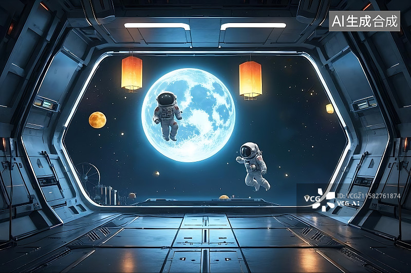 【AI数字艺术】空间站宇航员庆祝中秋节 科幻科技未来 中国节气 秋天 月饼 月亮月球图片素材