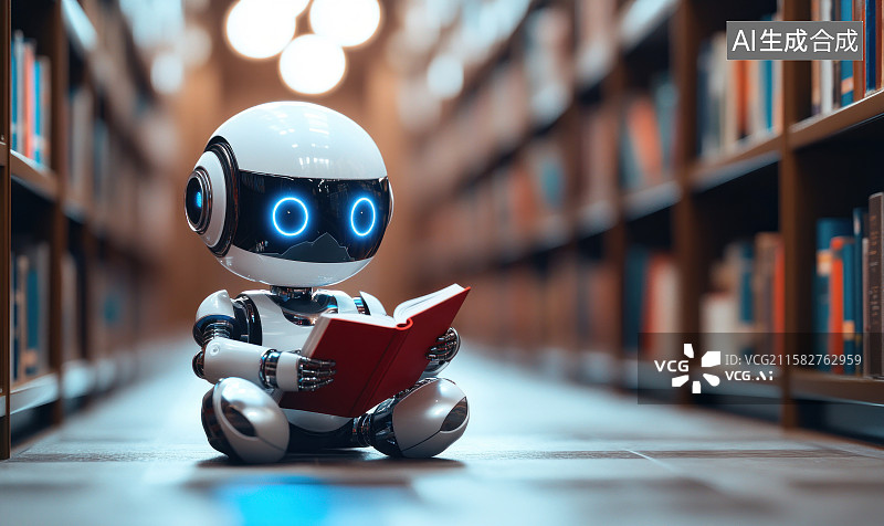 【AI数字艺术】机器人在图书馆阅读书籍图片素材