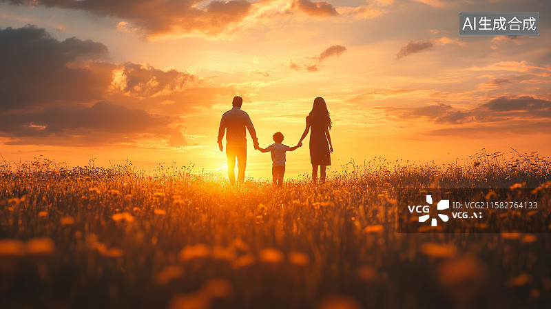 【AI数字艺术】夕阳下家庭户外漫步剪影图片素材