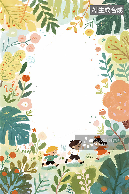 【AI数字艺术】清新绿色自然花草六一儿童节边框插画图片素材