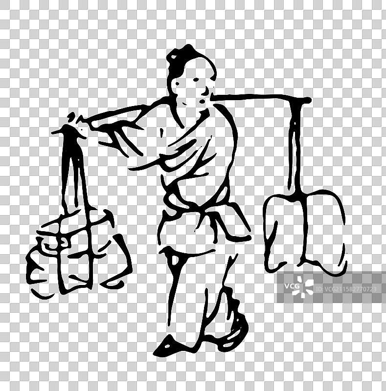 水墨 国画 人物 点缀 孙髯 扁担 挑夫图片素材