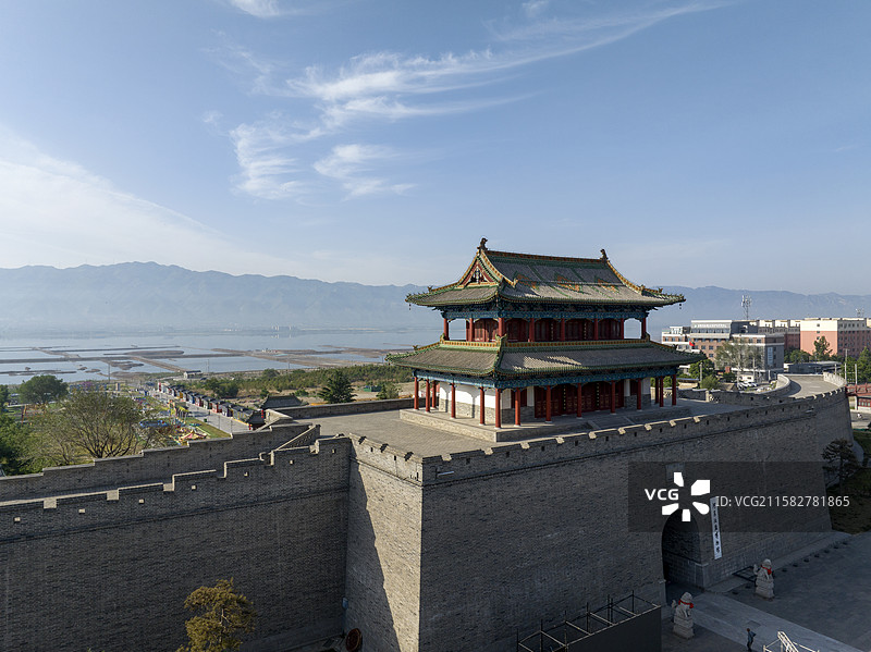 航拍山西运城河东池盐博物馆旅游景点城市建筑风光图片素材