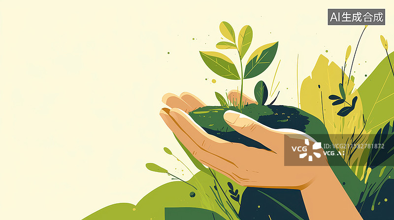 【AI数字艺术】双手守护绿色植物卡通插画图片素材
