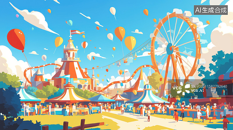 【AI数字艺术】游乐园摩天轮卡通插画图片素材