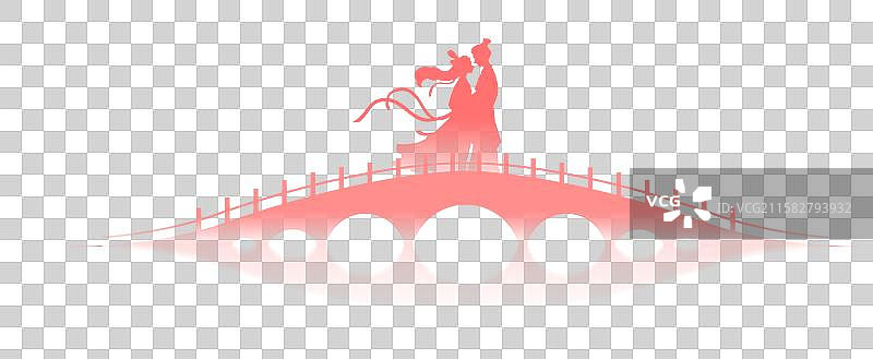 七夕 桥上拥抱在一起的牛郎织女剪影元素 古装情侣相会国潮插画图片素材