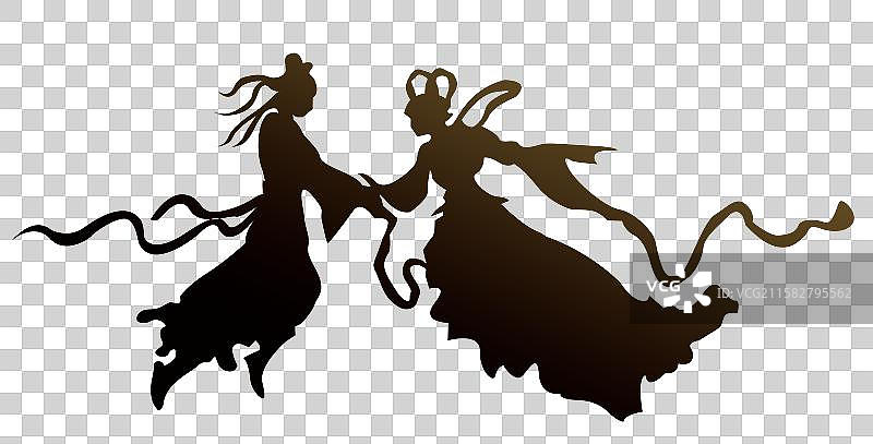 牛郎织女相会的黑色人物剪影元素 古装情侣相会人物剪影插画元素图片素材