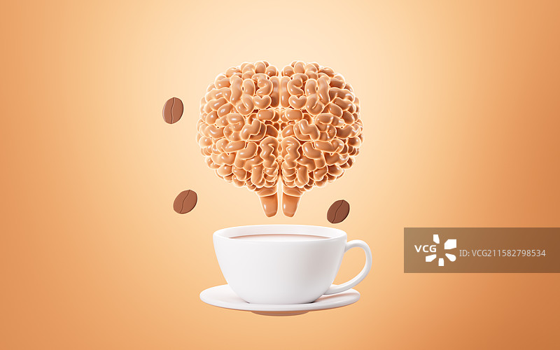 卡通咖啡和人类大脑提神醒脑概念3D渲染图片素材