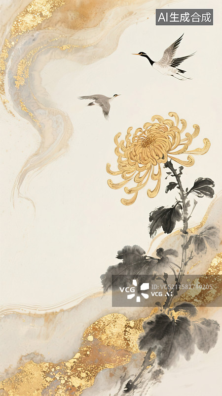 【AI数字艺术】秋季菊花盛开重阳节装饰背景插图绘画 新国风古风金箔岩彩水墨淡彩梦幻鎏金晕染诗词文学配图简约禅意留白图片素材