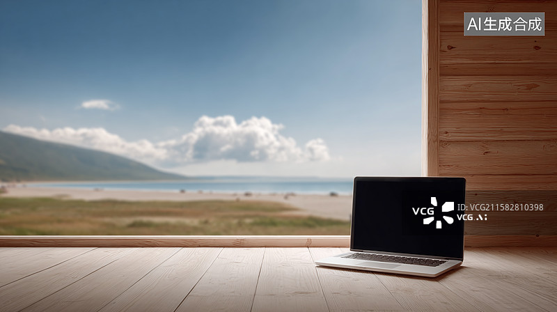 【AI数字艺术】木屋窗台的笔记本电脑与窗外自然风景图片素材