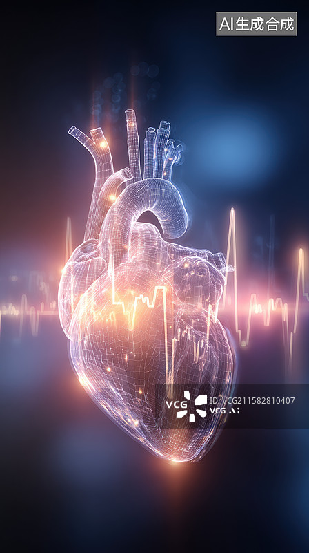 【AI数字艺术】科技感心脏模型与心电图背景图片素材
