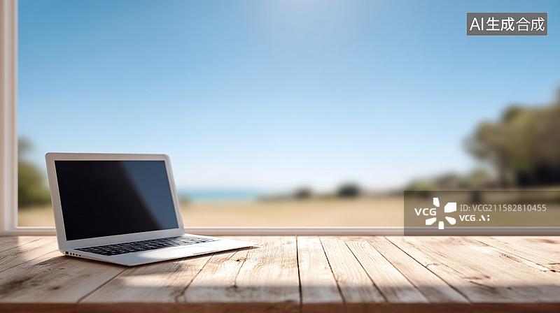 【AI数字艺术】木屋窗台的笔记本电脑与窗外自然风景图片素材