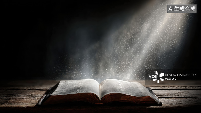 【AI数字艺术】光束照耀下的打开书本图片素材