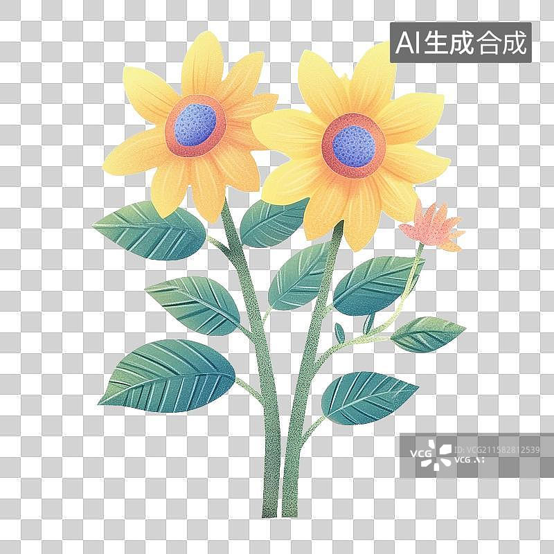 【AI数字艺术】卡通黄色向日葵插花儿童节可爱手绘彩铅风格贺卡插画元素图片素材