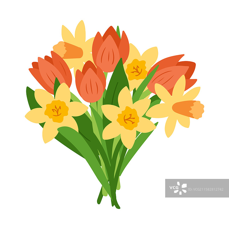 红色郁金香和黄色水仙花的花束图片素材