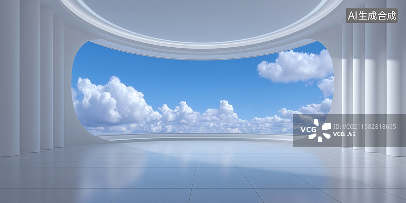 【AI数字艺术】弧形穹顶白色建筑空间与天空景观图片素材